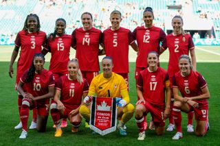 The Canada women's football team line up ahead of their 2024 Olympic Games opening match against New Zealand