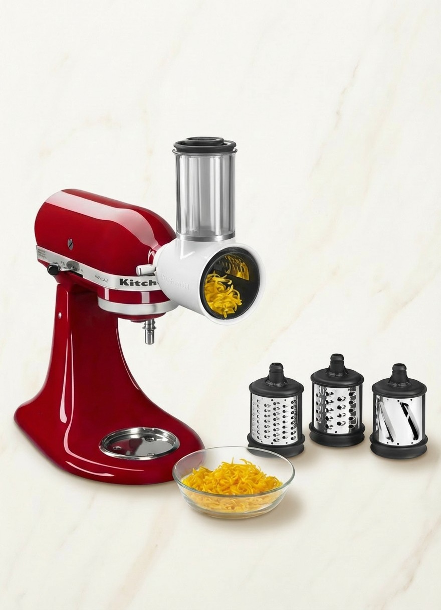 Red KitchenAid accessory on cream marble background