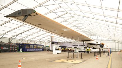 A solar-powered aircraft at Skydweller's facility at Albacete airport on April 3, 2023, in Albacete, Castilla-La Mancha, Spain. Skydweller is a solar-powered aircraft developed by Skydweller Aero, an Albacete-based developer of aircraft for the commercial and defense sectors, which announced the successful completion of autonomous flight tests in Castilla-La Mancha. 