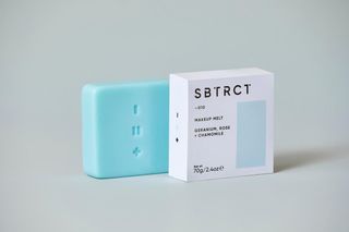 Bar of blue soap and white box made by SBTRCT