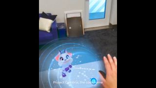 Mixed reality demo showing hand petting virtual animal