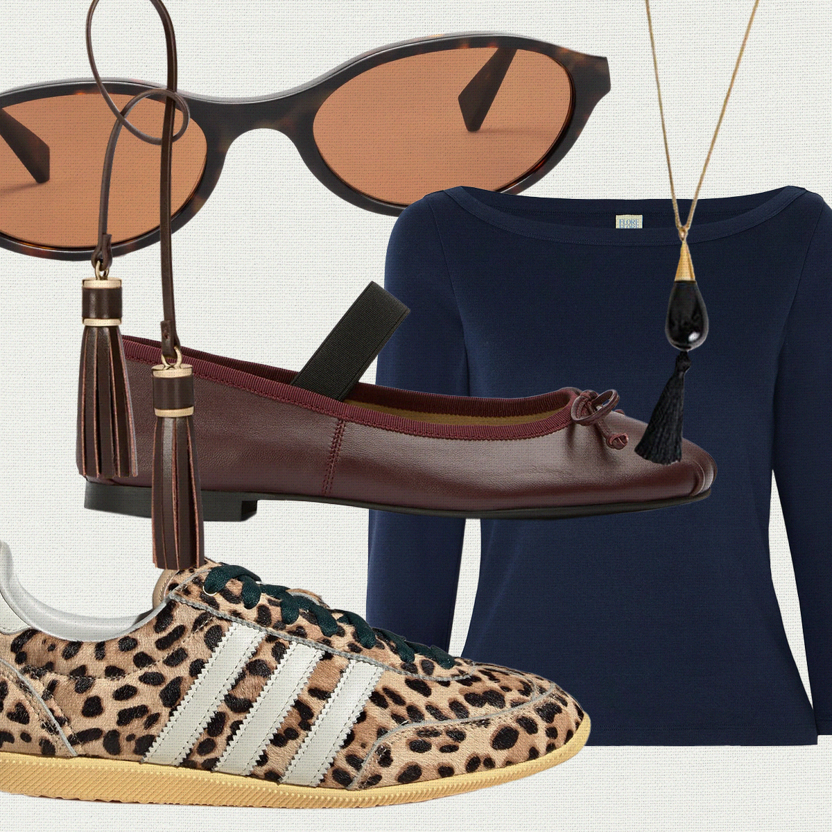 Collage of adidas sneakers, ballet flats, navy long sleeve, sunglasses, tassel necklaces