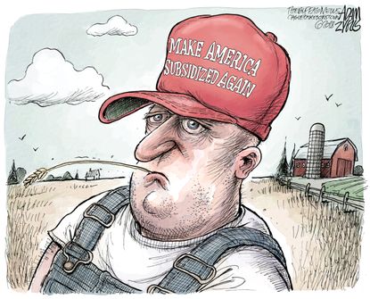 Political cartoon U.S. Trump trade war farm bailout