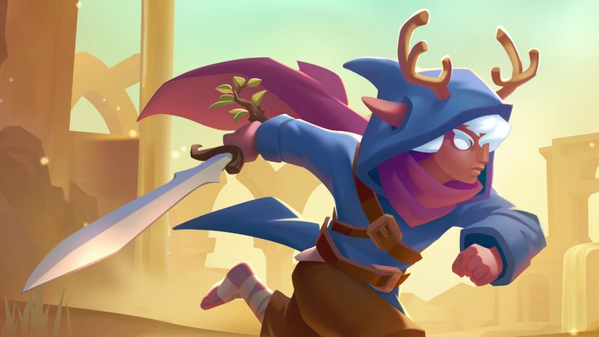 Key art for Demi and the Fractured Dream showing Demi, antlers poking through a hood, running through ruins sword in hand