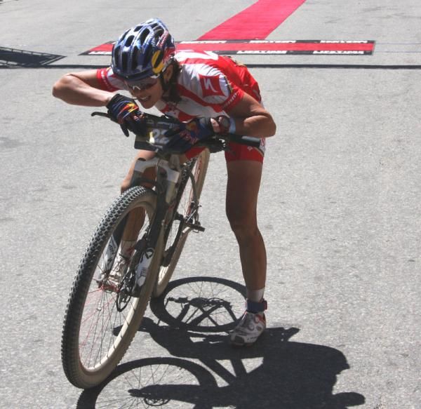 An exhausted Rebecca Rusch (Specialized) after winning