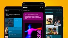 Two phones on an orange background showing the YouTube Music Recap 2023
