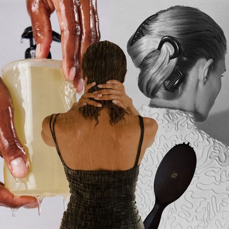 Photo of women washing hair, hair products, woman with clips in hair, supplements, and hair brush.