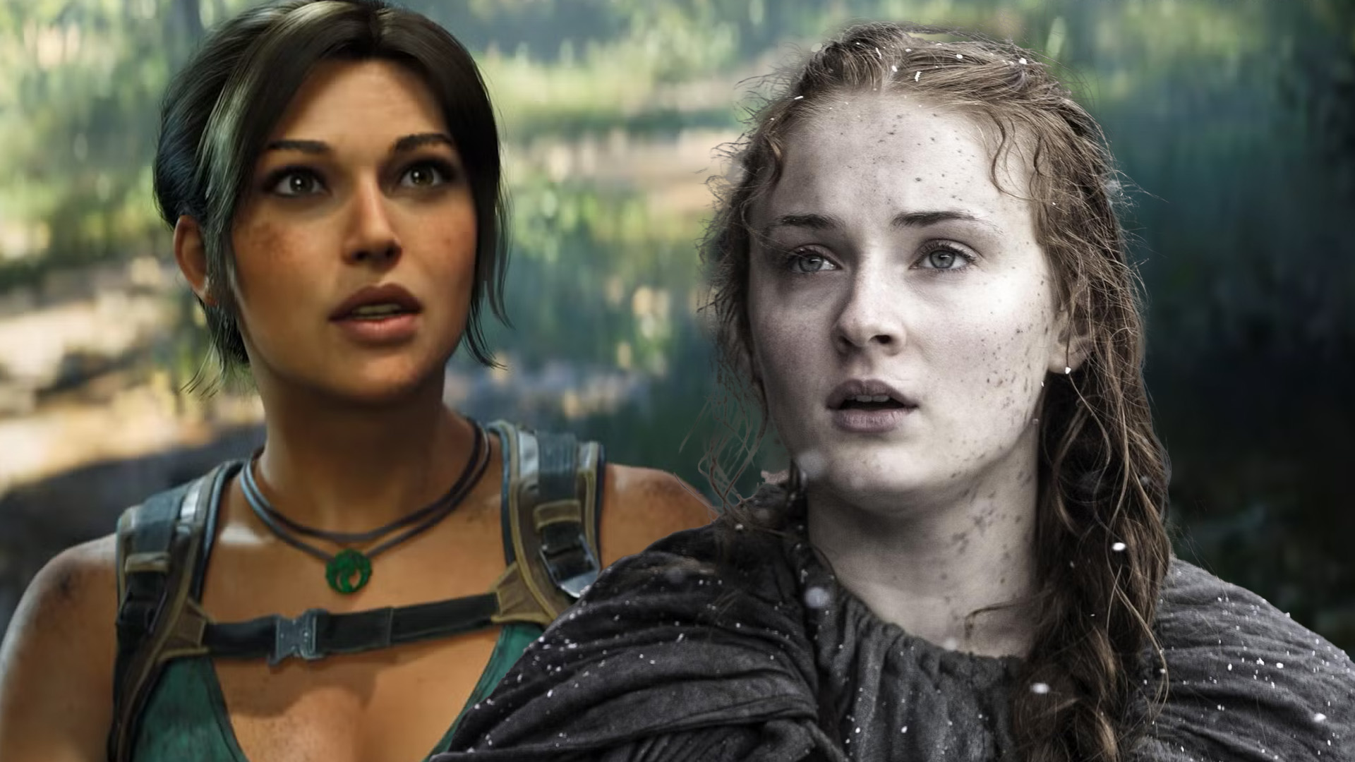 Sophie Turner alongside the character Lara Croft