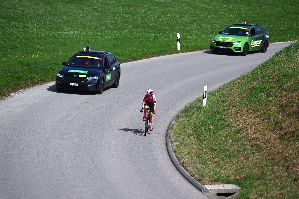 YVERDONLESBAINS SWITZERLAND SEPTEMBER 15 Clara Honsinger of The United States and Team EF Education Tibco Svb competes in the breakaway during the 2nd Tour de Romandie Feminin 2023 Stage 1 a 1441km stage from YverdonlesBains to YverdonlesBains UCIWWT on September 15 2023 in YverdonlesBains Switzerland Photo by Dario BelingheriGetty Images