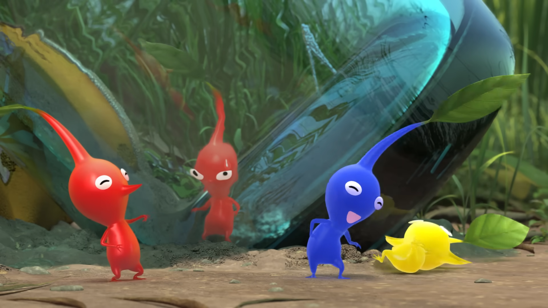 three pikmin laughing at another one 