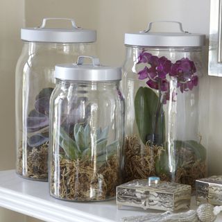 table with giant push top jars