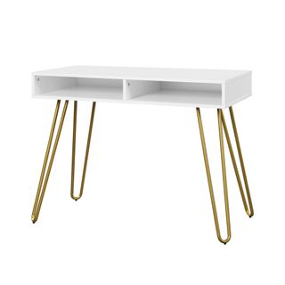 A white desk with gold hairpin legs
