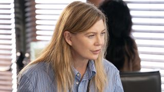 Ellen Pompeo is shown as Meredith Grey on Grey's Anatomy.