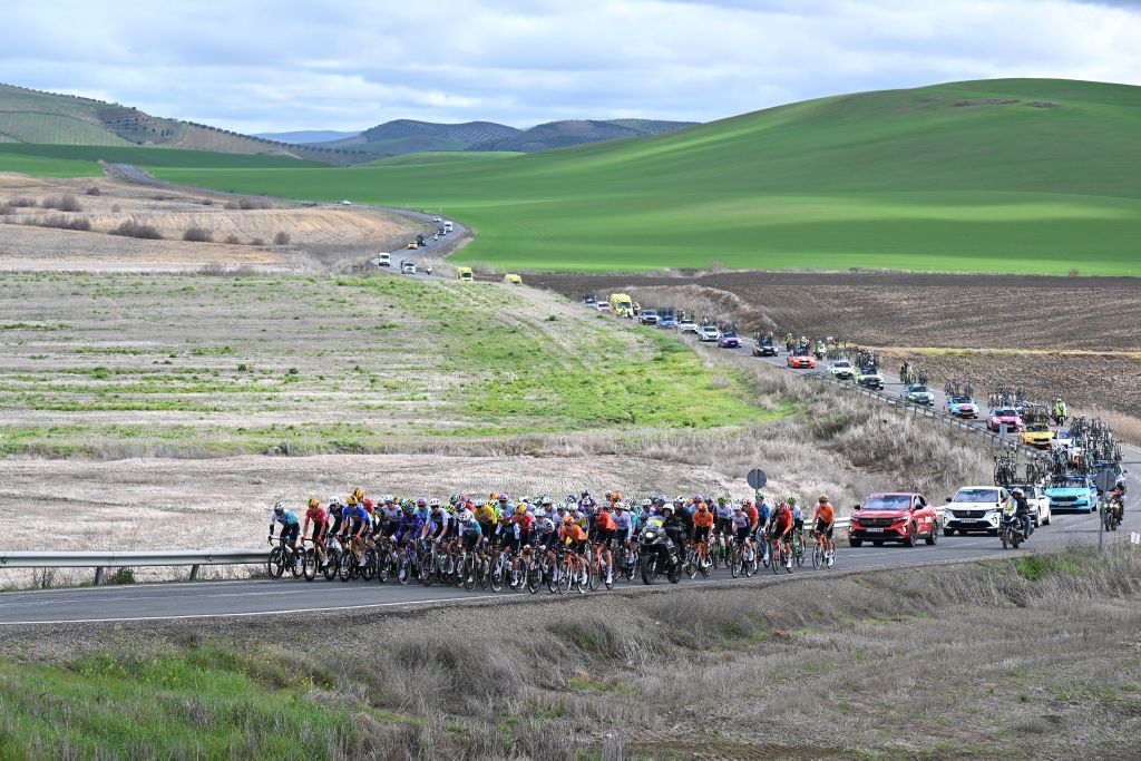 LA LINEA DE LA CONCEPCION SPAIN FEBRUARY 22 A general view of the peloton competing during the 71st Vuelta a Andalucia Ruta Ciclista Del Sol 2025 Stage 4 a 1943km stage from Cordoba to Alhaurin de la Torre on February 22 2025 in La Lnea de la Concepcion Spain Photo by Szymon GruchalskiGetty Images