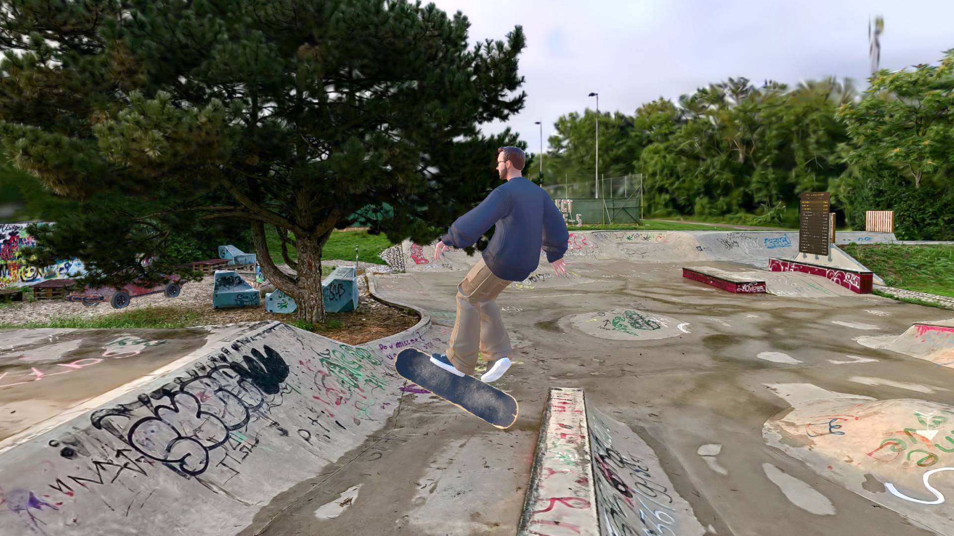 A screen shot from scan artist Christoph Schindelar's Skate-Demo, a project that uses a Gaussian splat of a real world skate park.