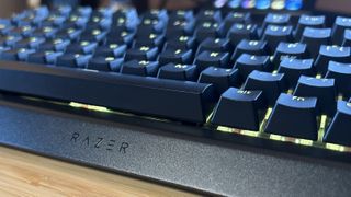 close up on Razer logo on the front of the Razer BlackWidow V4 75% keyboard