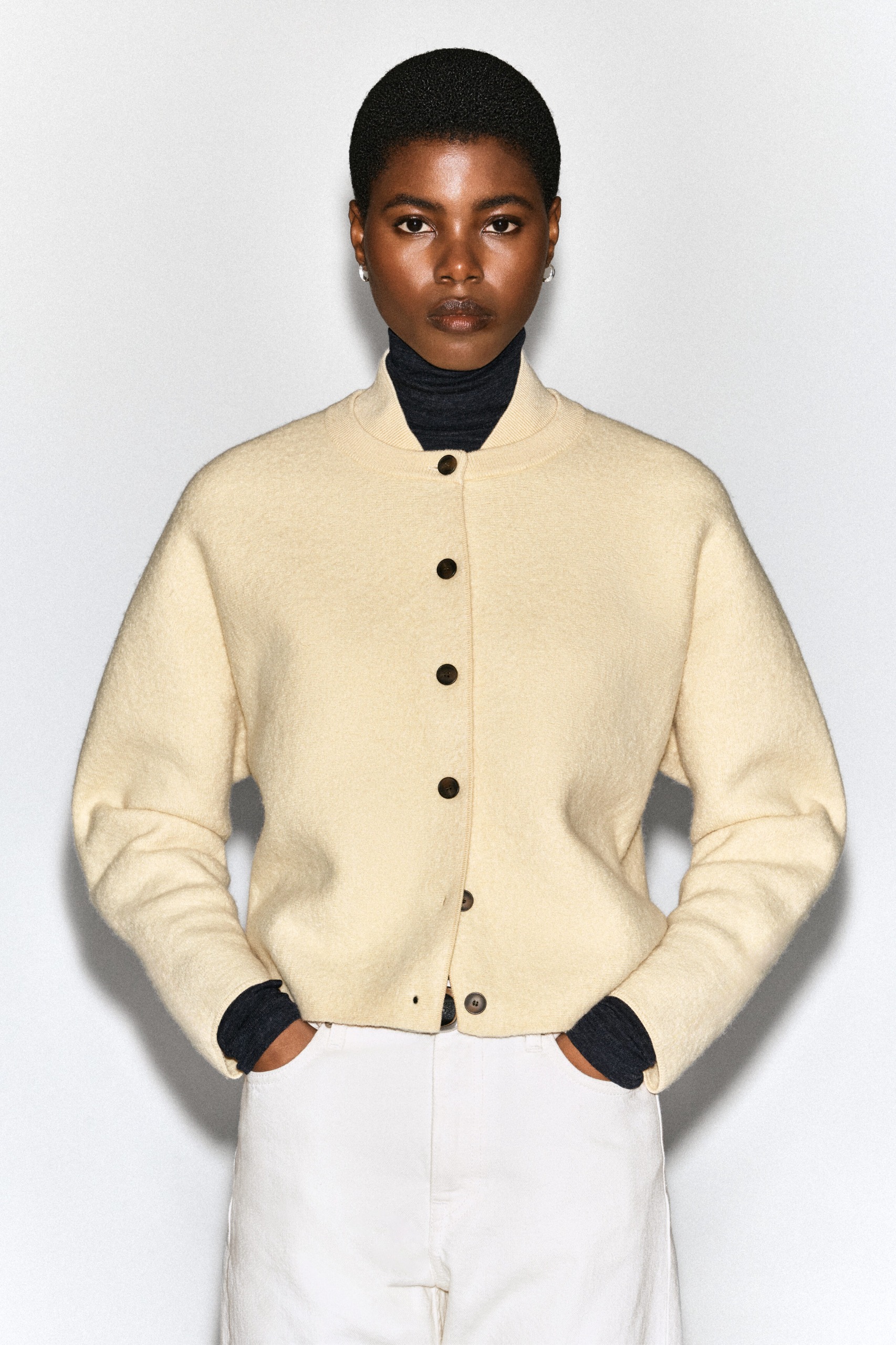 Layered-Collar Boiled Wool Cardigan