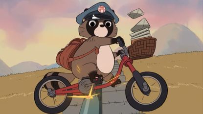 A hat-wearing, bike-riding tanuki delivers mail in Tanuki: Pon's Summer