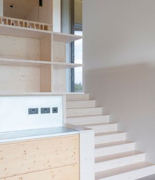 Pale wood interior of Woodlands, a natural family home in East Sussex by William Griffiths Architects