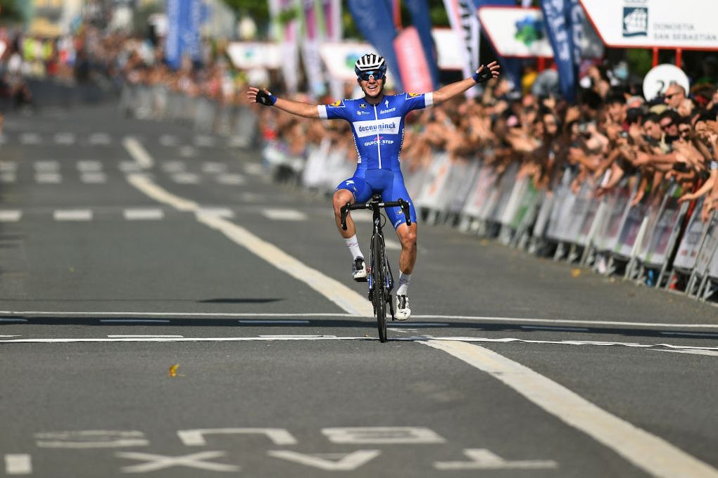 Remco Evenepoel celebrates winning San Sebastian