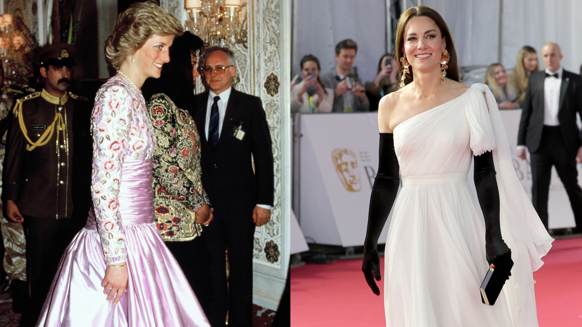 Princess Diana wearing a lavender gown; Princess Kate wearing a white gown with black gloves