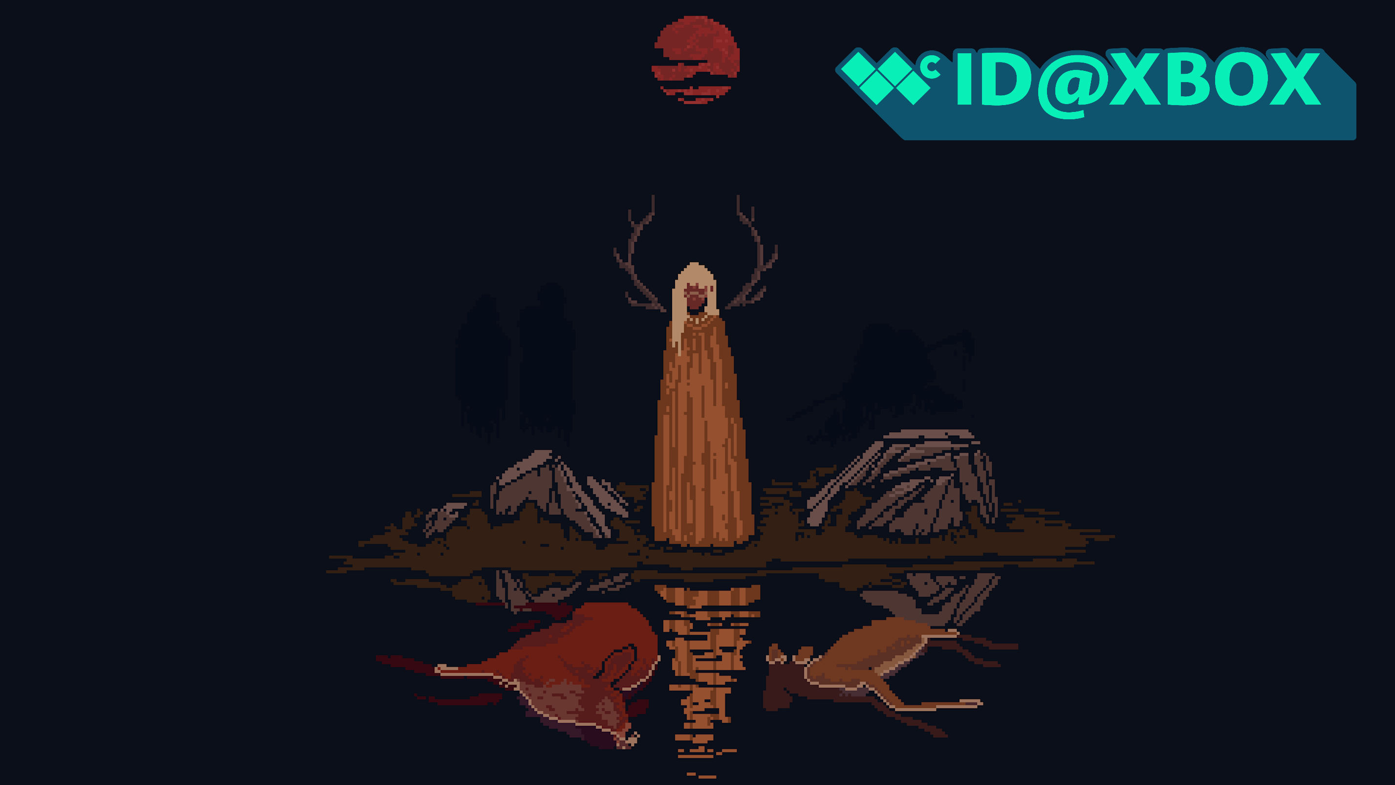 The huntress, clad in a gold cape and adorned with stag antlers, stands at the water where the bodies of a doe and fawn float with a red moon lingering over head in the background.