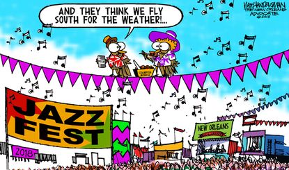 Editorial cartoon U.S. New Orleans jazz festival bird migration