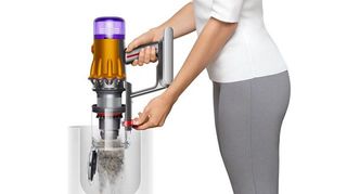 a photo of a woman emptying the dyson v12