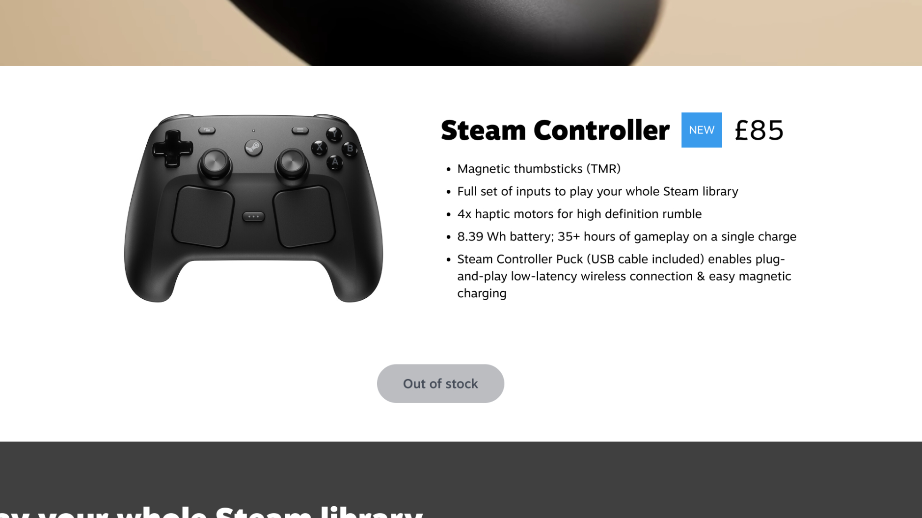 Valve's store page for the Steam Controller showing it out of stock.