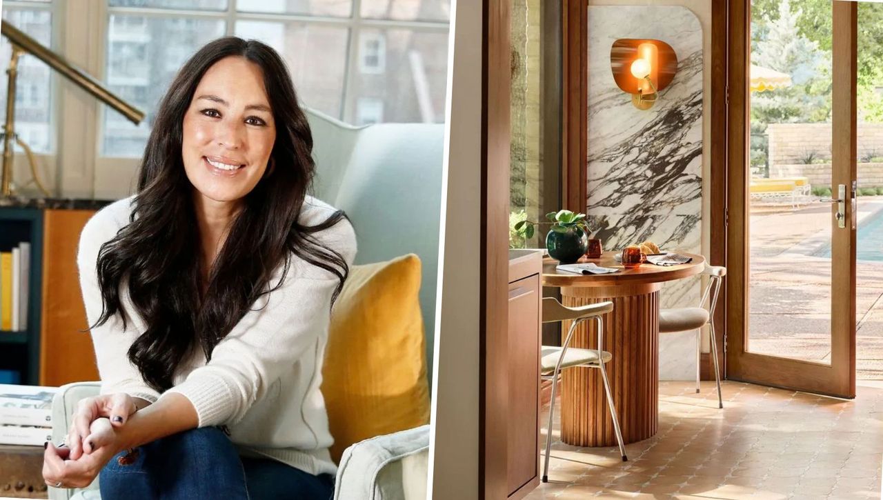 Left: Joanna Gaines on a seat in a living room. Right: Joanna Gaines&#039;s Lakehouse kitchen with breakfast nook featuring wood table and two white chairs