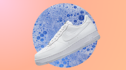 White sneakers on a bubbly circle with orange background