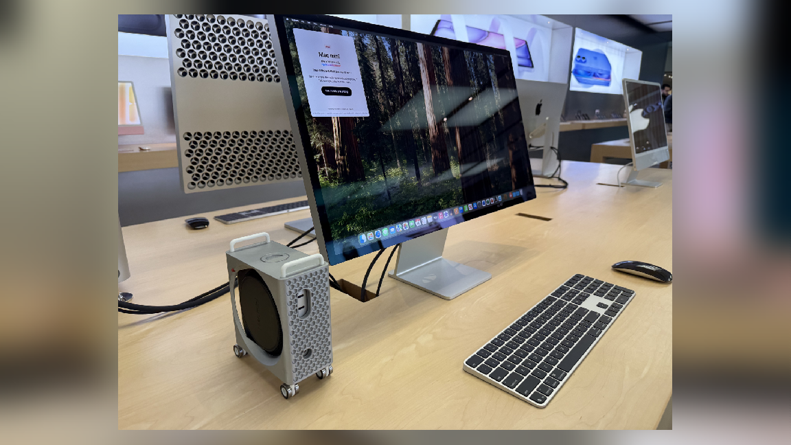 A M4 Mac Mini has been mounted inside of a 3D printed case, making the tiny hardware look like a shrunk down Mac Pro tower.