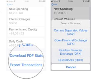 Exporting Apple Card Transactions showing the steps to tap export transactions and then tap your method of exporting