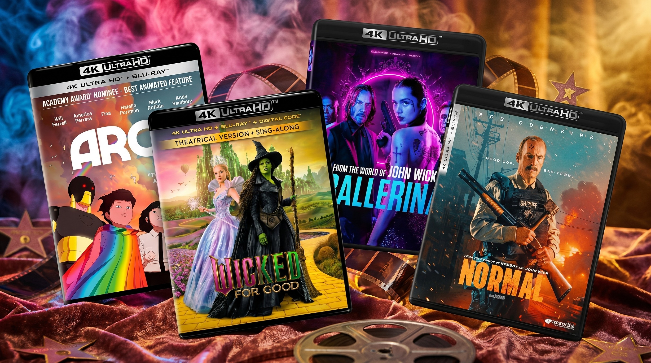 Box art for Arco, Wicked For Good, Ballerina, and Normal on 4K Blu-ray