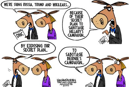 Political cartoon U.S. Democrats DNC lawsuit Trump Russia Wikileaks Bernie Sanders