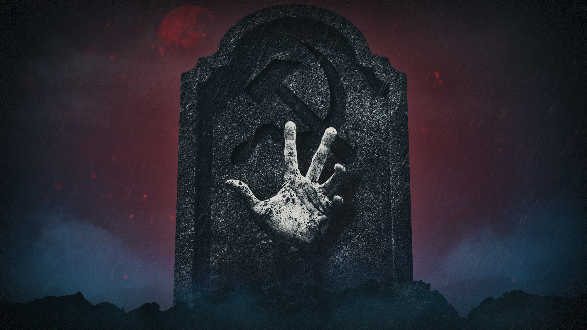 Illustration of a gravestone with a Communist hammer and sickle insignia and a zombie-like hand emerging from the earth