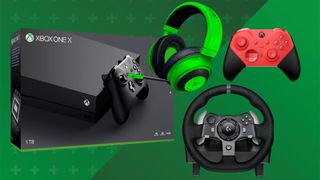 An Xbox One X box next to some console peripherals on top of a green background