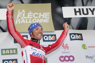 Joaquim Rodriguez (Katusha) steps up onto the Fleche Wallonne podium
