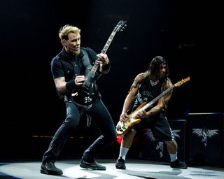 James Hetfield (left) and Robert Trujillo perform onstage with Metallica at the Wachovia Center in Philadelphia, Pennsylvania on January 17, 2009