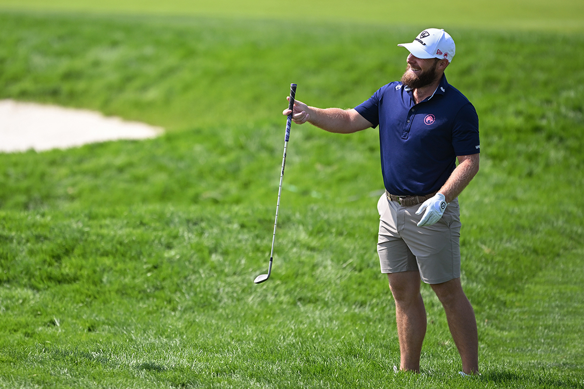 Tyrrell Hatton reacting to a shot he has just hit from very long and thick rough at Oakmont Country Club for the 2025 US Open