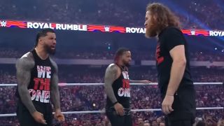 Jey Uso confronting Sami Zayn after he attacked Roma Reigns at the 2023 Royal Rumbe