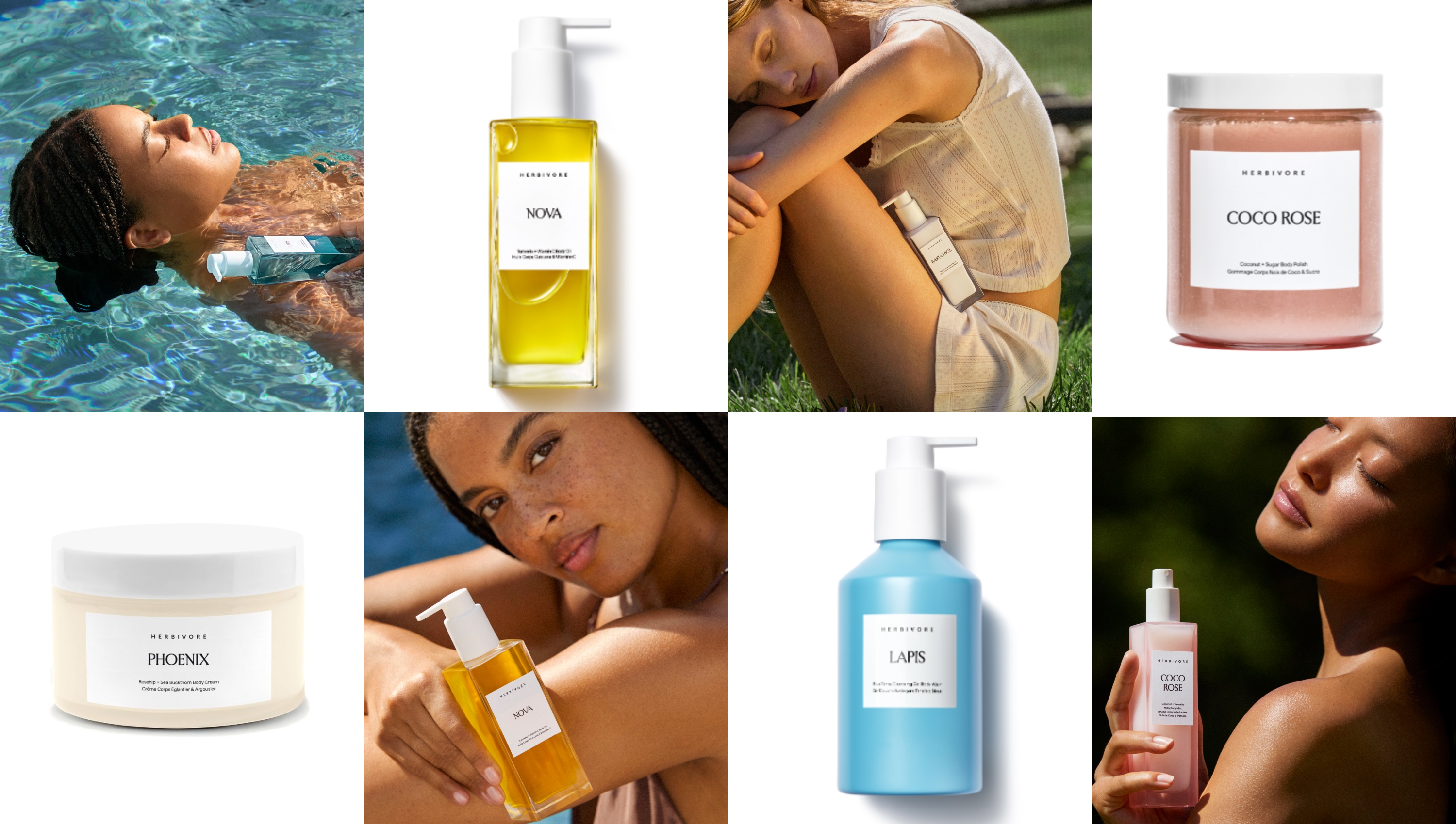 collage of herbivore body care products with models on white background