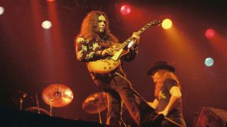 GLASGOW, UNITED KINGDOM - FEBRUARY 9: Gary Rossington and Ronnie Van Zant of American rock band Lynyrd Skynyrd perform on stage at the Apollo Theatre on February 9th, 1977 in Glasgow, Scotland. 