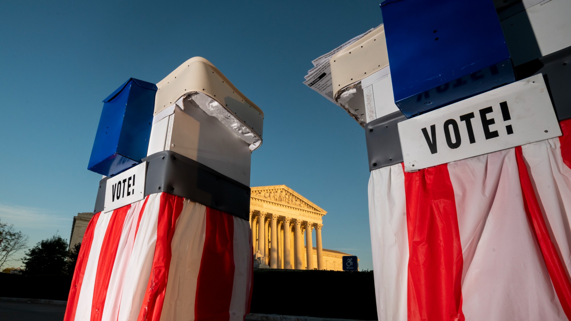 UNITED STATES - OCTOBER 26: Prop ballot boxes sit outside the Supreme Court as protesters for and against the confirmation of Supreme Court nominee Amy Coney Barrett demonstrate at the court on Monday, Oct. 26, 2020. (Photo By Bill Clark/CQ-Roll Call, Inc via Getty Images)