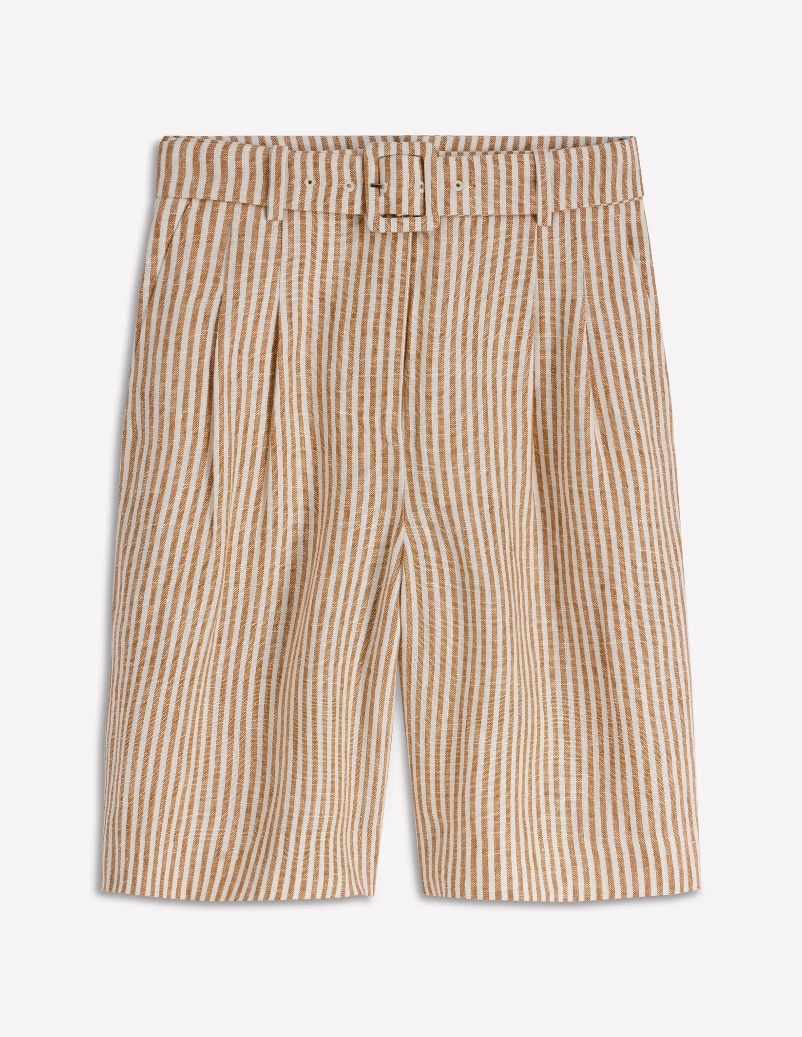 Chelsea Belted Linen Shorts-Brown, Ivory Ticking Stripe
