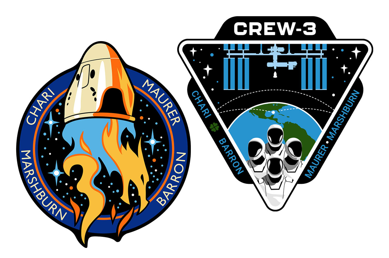 NASA (left) and SpaceX Crew-3 mission patches.