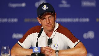 Luke Donald talks to the media after the Saturday afternoon fourball session of the Ryder Cup at Marco Simone