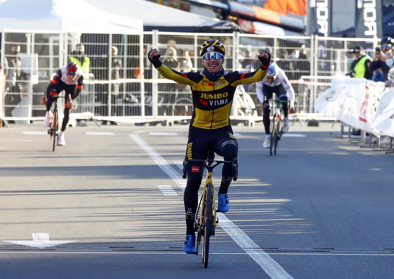 Primoz Roglic celebrates victory in the BEKING Monaco criterium