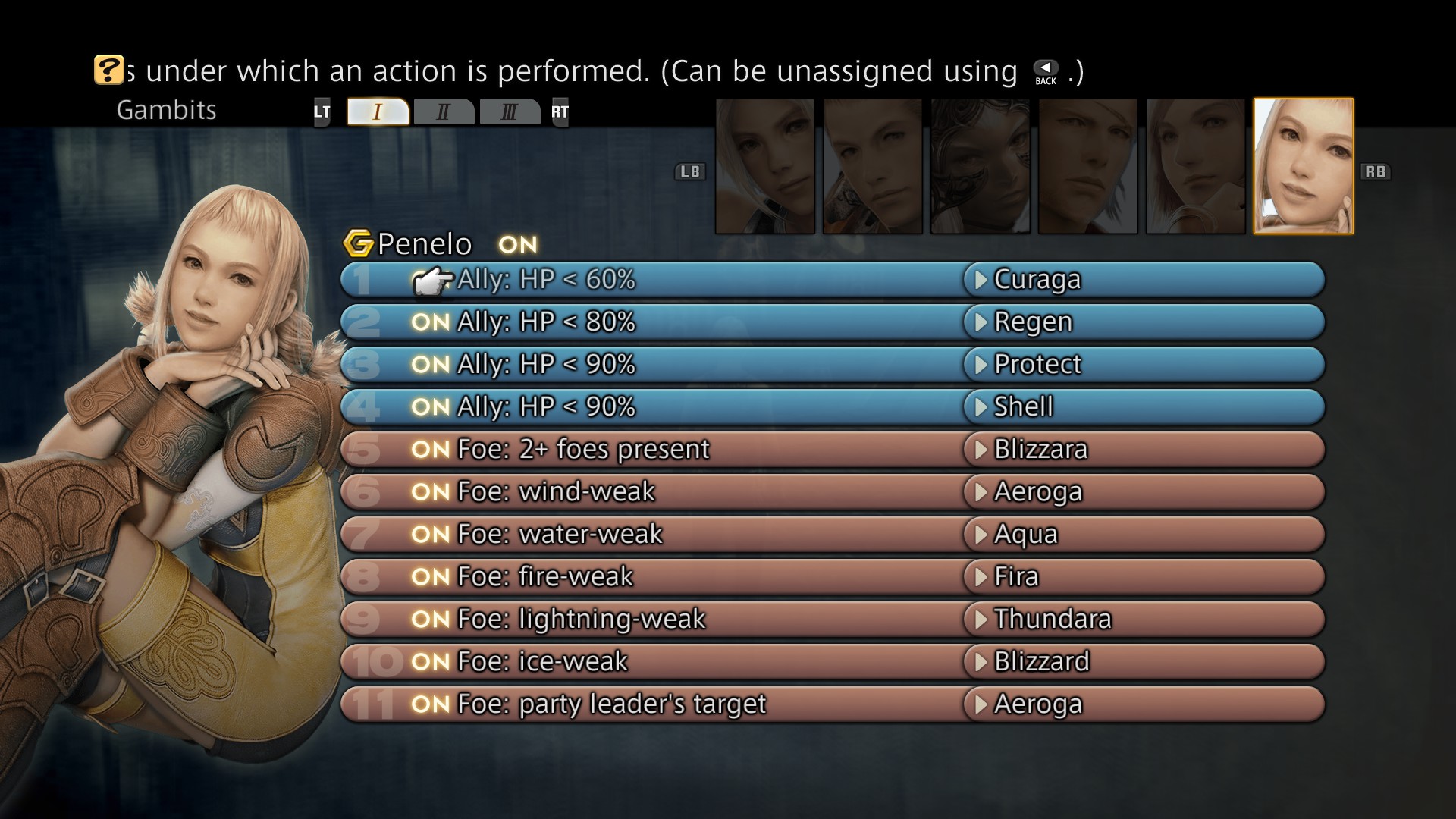 Several screenshots showing lists of Gambit options in Final Fantasy 12.