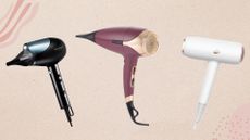 A collage featuring three of the best hair dryers for fine hair by Revamp, ghd and T3 arranged on a beige background with pink lines and dots.